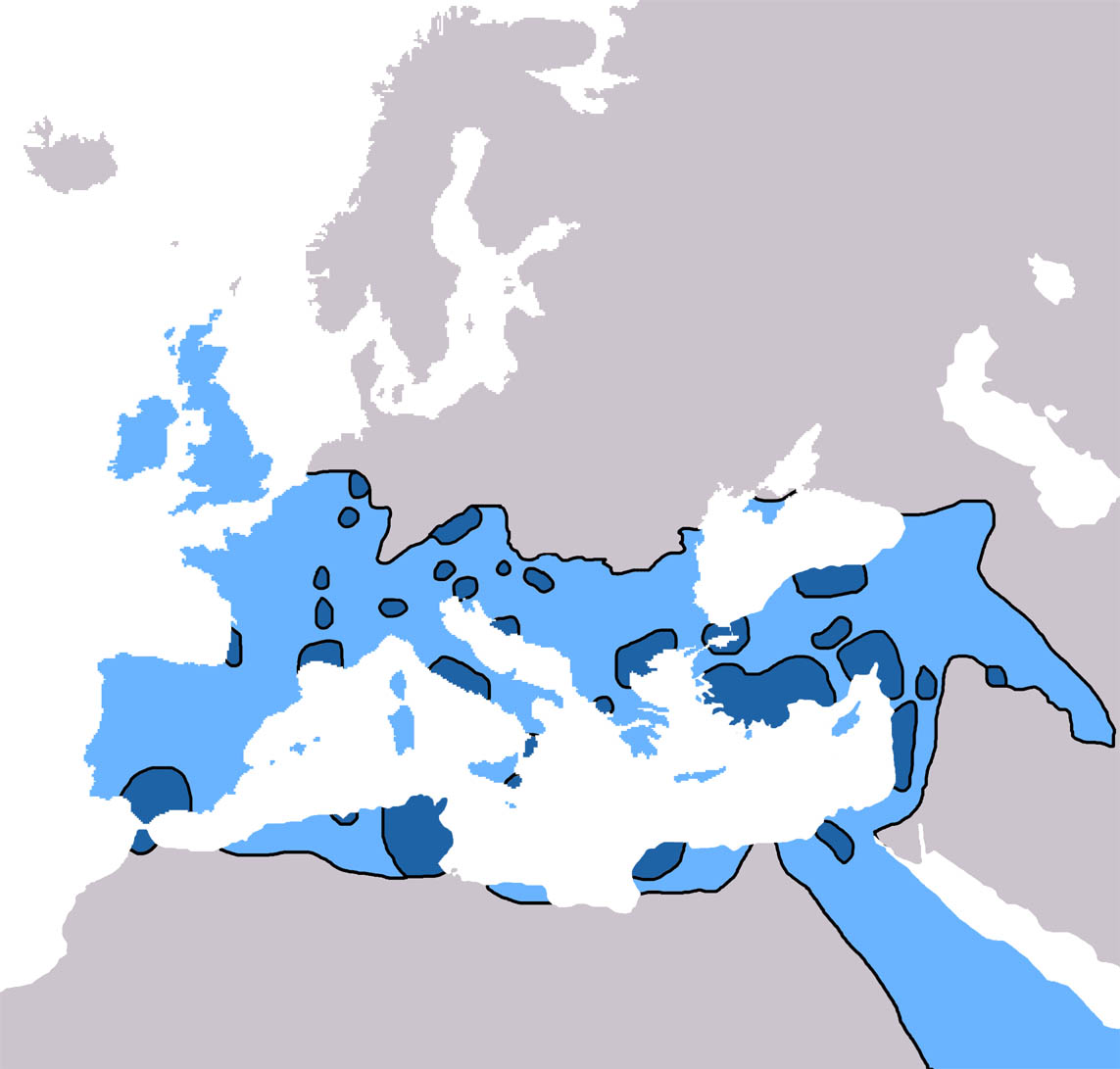 Spread of Christianity to 325 AD (dark blue) and 600 AD (light blue).